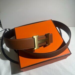 Hermes H Gold and Tan Calfskin Leather Belt.